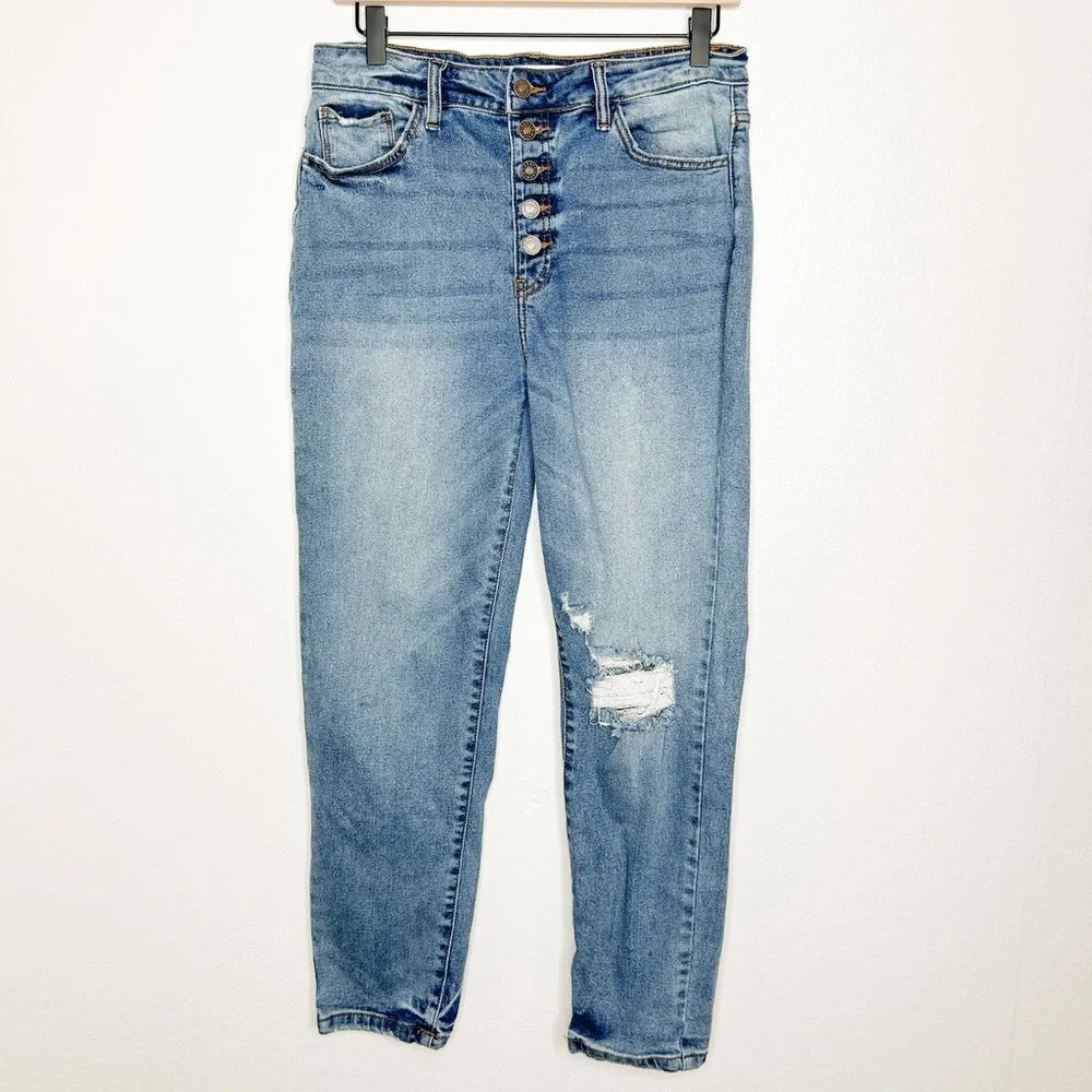 Nature Denim High Rise Button Fly Slim Straight Leg Distressed‎ Jeans 28